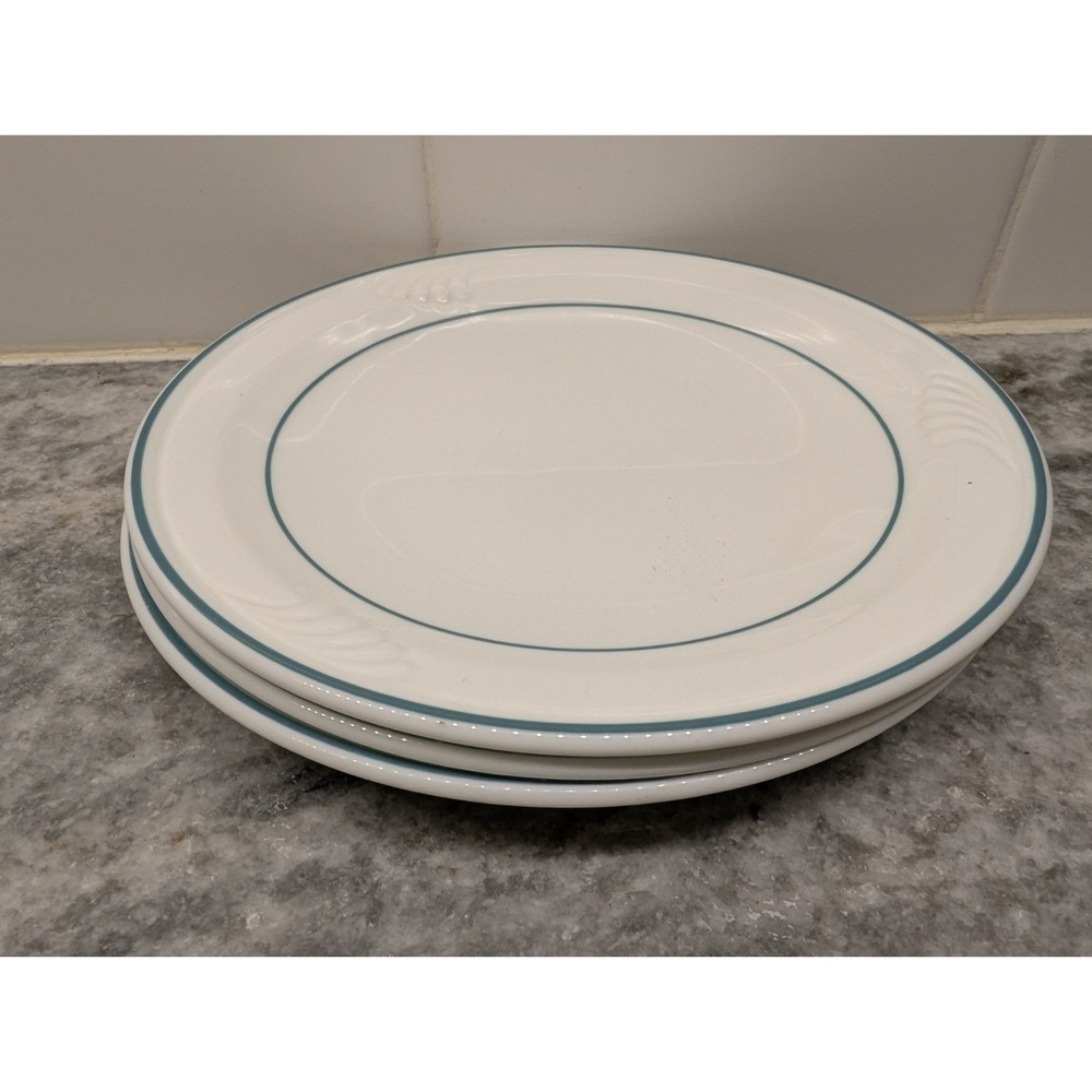 3 VINTAGE CORNING‎ PYROCERAM Tableware Embossed TEAL Bands  6" Small Plates